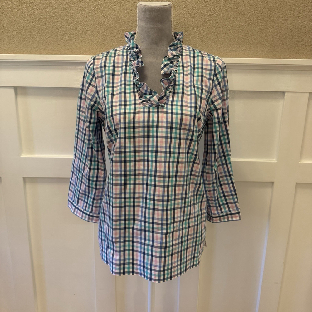 NWT Talbots Plaid Gingham Ruffle Tunic Blouse Size:6P Cotton V Neck MSRP:$89.5